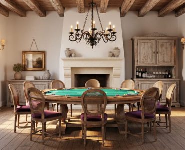 French country-style game room featuring a distressed wood poker table with emerald felt, rush-seat chairs, wrought-iron chandelier, aged brass sconces, limestone fireplace, reclaimed wood beams, and a weathered armoire used as a bar, lit by warm late-afternoon light.