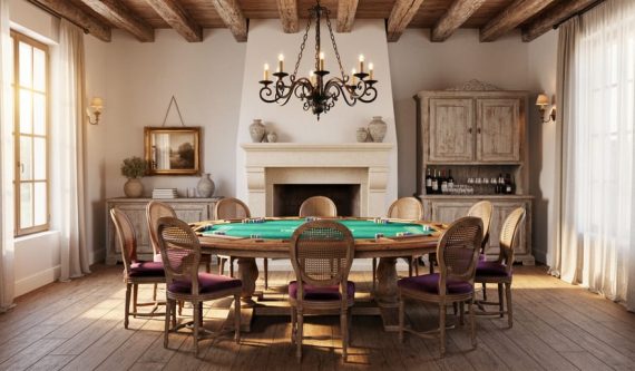 French country-style game room featuring a distressed wood poker table with emerald felt, rush-seat chairs, wrought-iron chandelier, aged brass sconces, limestone fireplace, reclaimed wood beams, and a weathered armoire used as a bar, lit by warm late-afternoon light.