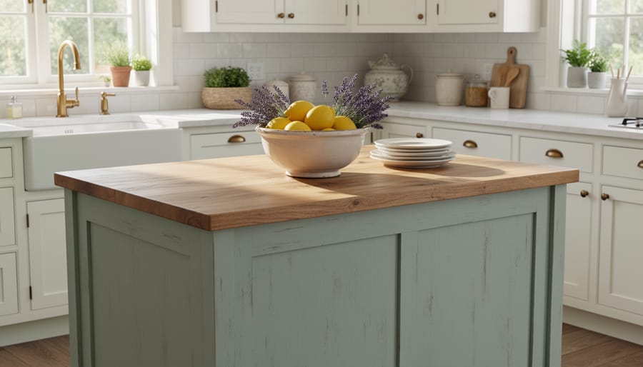 Antiqued painted French country kitchen island in soft Provence colors with distressed finish