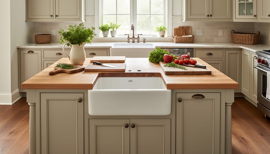 Butcher block French country kitchen island with apron-front farmhouse sink