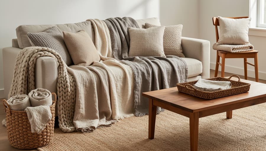 Close-up of layered French country textiles, including linen cushions and a wool throw on a sofa