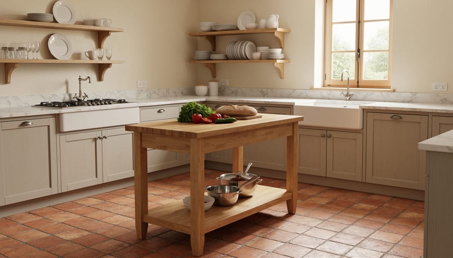 French country kitchen counter with butcher block island, terracotta tile backsplash, fresh herbs, and copper cookware accents.