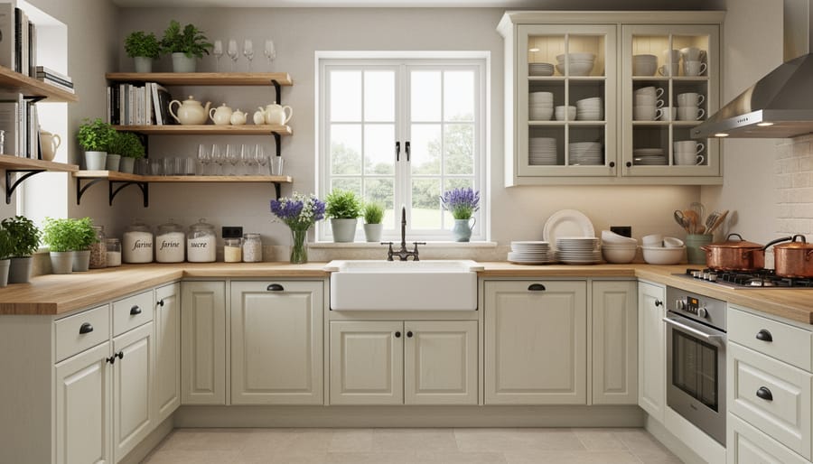 French country kitchen hutch and open shelves displaying pottery, vintage crockery, woven baskets, and dried lavender.