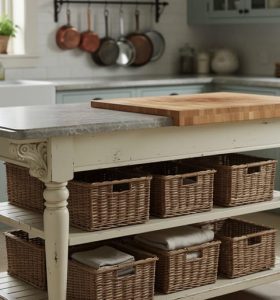 French country kitchen island with distressed white cabinetry, veined stone and butcher block surfaces, and open shelving with woven baskets in a rustic farmhouse kitchen.