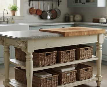 French country kitchen island with distressed white cabinetry, veined stone and butcher block surfaces, and open shelving with woven baskets in a rustic farmhouse kitchen.