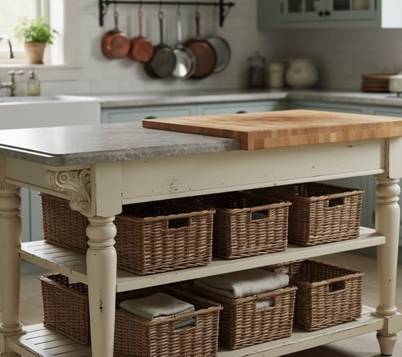 French country kitchen island with distressed white cabinetry, veined stone and butcher block surfaces, and open shelving with woven baskets in a rustic farmhouse kitchen.
