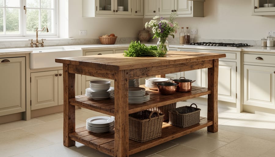 French country kitchen island made of reclaimed wood with open shelves displaying pottery, linens, and cookbooks