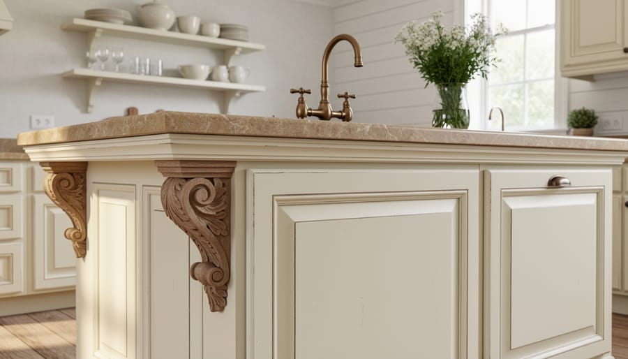 French country kitchen island with decorative corbels, molding, and beadboard paneling