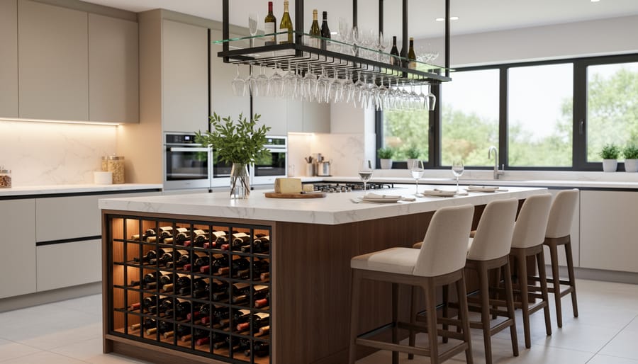 French country kitchen island with wine bottle storage and hanging glass rack