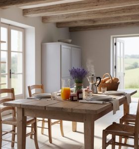 Sunlit French country kitchen with weathered oak beams, limestone tile floors, open shelves of terracotta pottery, and a breakfast-ready farmhouse table.