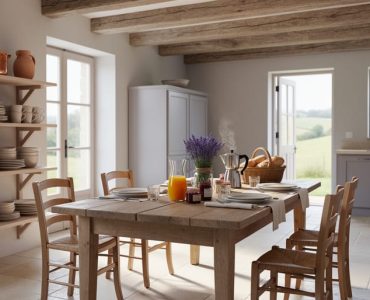 Sunlit French country kitchen with weathered oak beams, limestone tile floors, open shelves of terracotta pottery, and a breakfast-ready farmhouse table.