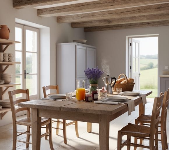 Sunlit French country kitchen with weathered oak beams, limestone tile floors, open shelves of terracotta pottery, and a breakfast-ready farmhouse table.