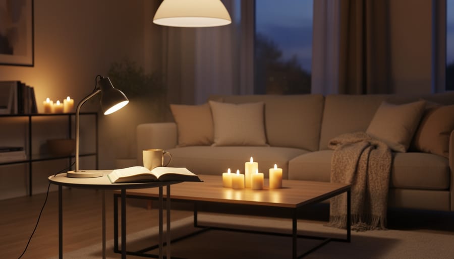 French country living room showing layered lighting from a chandelier, table lamp, and candles