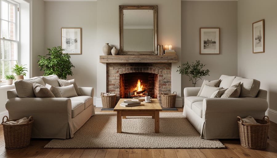 French country living room with a rustic stone fireplace and mirror as a focal point