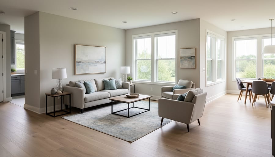 Living room with properly sized sofa, coffee table, and rug allowing clear walking space