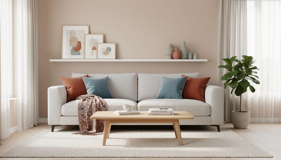 Room with neutral creams and soft grays accented by muted blue and lavender decor