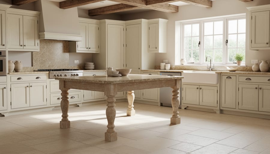 Stone-topped French country kitchen island with turned wooden legs and visible stone veining