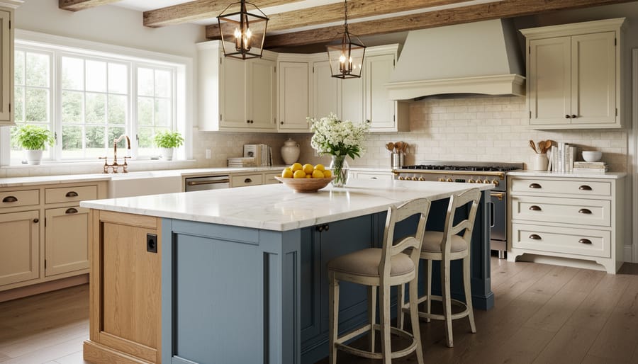 Two-tone French country kitchen island with painted base and contrasting countertop