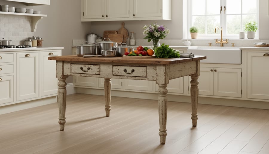 Vintage French-style furniture repurposed as a kitchen island in a French country kitchen