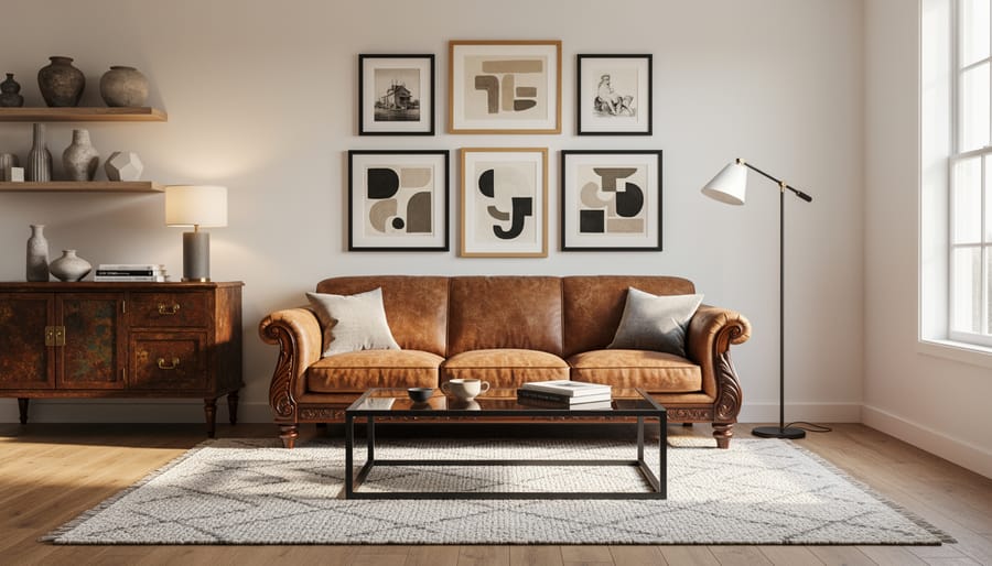 Vintage sideboard styled with modern lamp and contemporary seating in a warm room