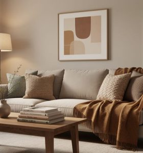 Cozy living room scene with layered throws and cushions, a floor lamp providing warm light, and a softly styled focal wall with framed artwork