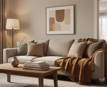 Cozy living room scene with layered throws and cushions, a floor lamp providing warm light, and a softly styled focal wall with framed artwork