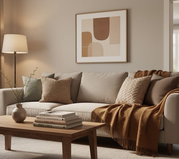 Cozy living room scene with layered throws and cushions, a floor lamp providing warm light, and a softly styled focal wall with framed artwork