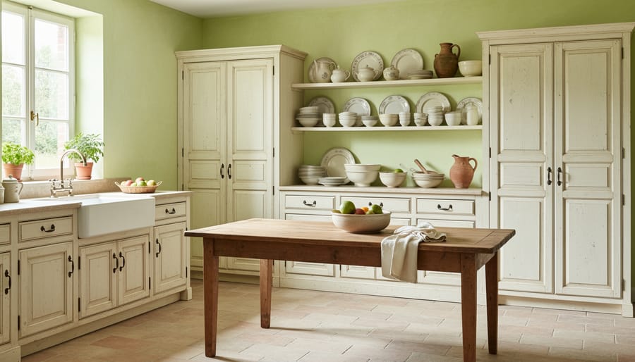 Wide view of a French country kitchen with lime-washed walls and distressed open cabinetry showing blue-and-white ceramics.