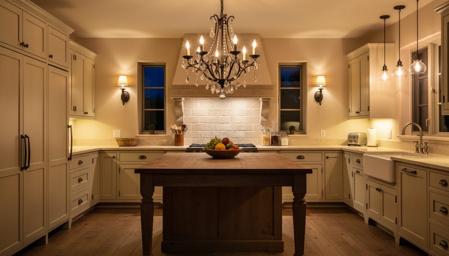 Wide view of a French country kitchen with wrought iron chandelier, copper pendant lights, and wall sconces near a linen-curtained window.