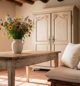 Sunlit French country living room with distressed farmhouse table, linen cushions, wildflower bouquet, and sheer curtains filtering warm natural light.