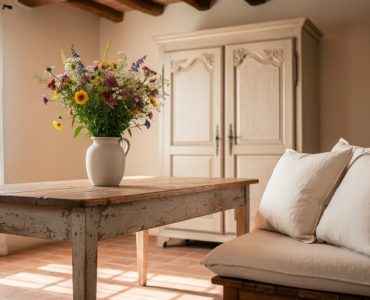 Sunlit French country living room with distressed farmhouse table, linen cushions, wildflower bouquet, and sheer curtains filtering warm natural light.