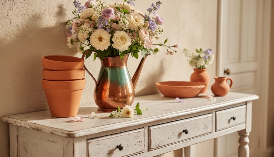 French country table vignette with terracotta bowl, copper cookware, ticking stripe linen, and wildflowers