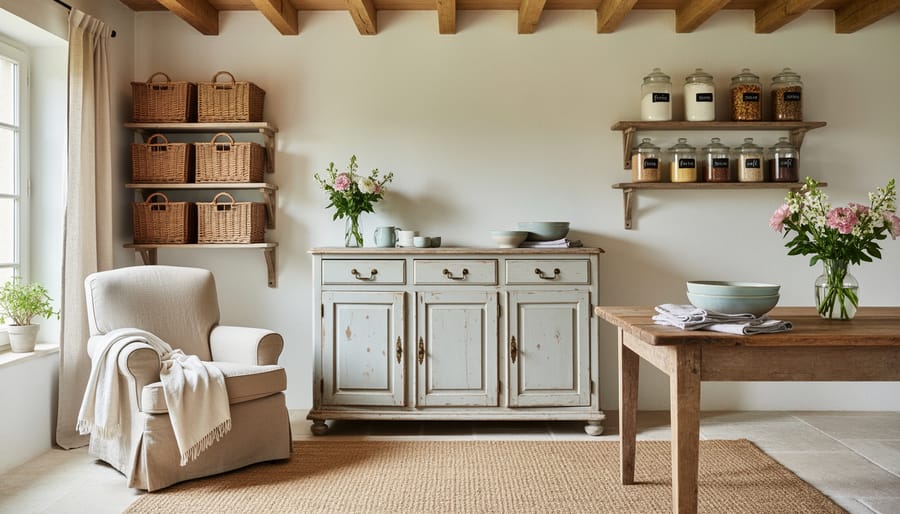 Ladder-back chairs and open armoire in a French country room with visible linens and pottery
