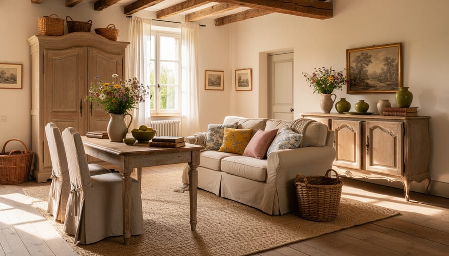 Sunlit French country living room with weathered farm table, toile curtains, wrought-iron accents, and linen upholstery