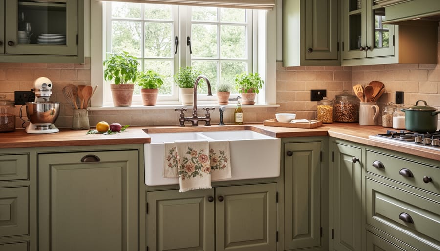 Apron-front farmhouse sink with terracotta backsplash and French country kitchen details