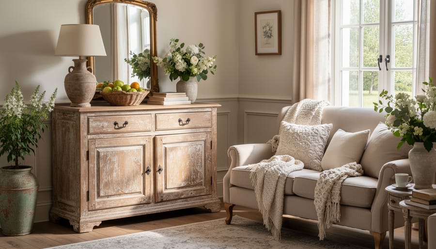 Rustic French country interior corner with distressed wood furniture and a muted linen runner