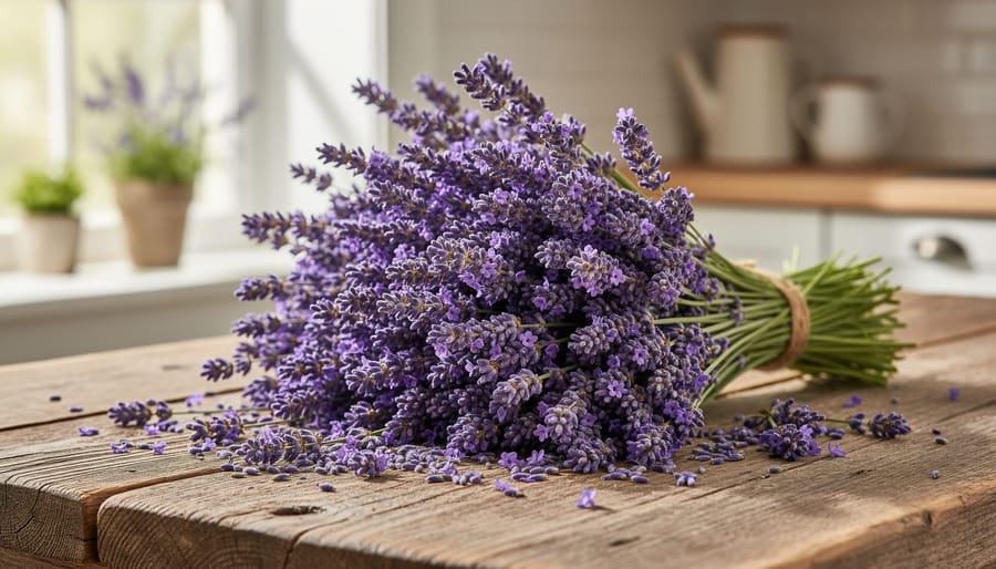 Lavender arranged in a ceramic pitcher and linen sachet on a rustic table