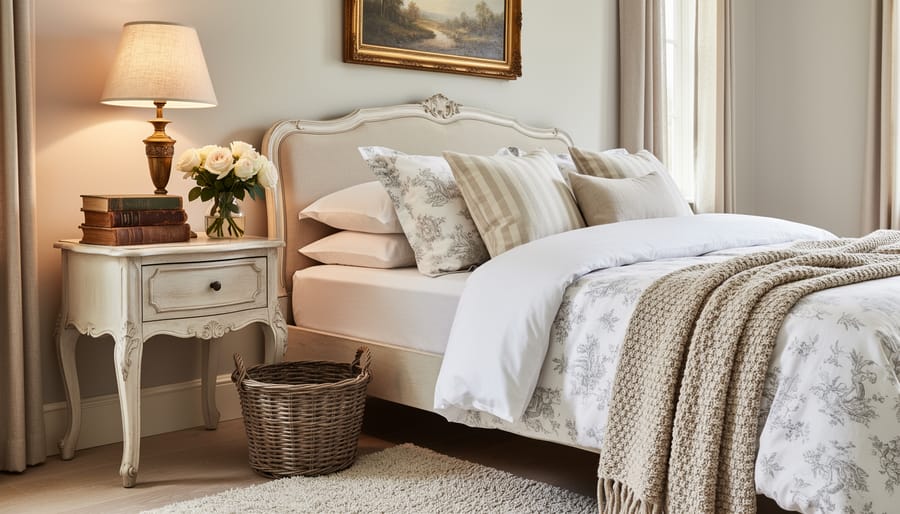French country bedroom with antique ornate mirror, layered quilt, and warm evening lighting