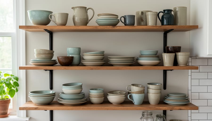 French country open shelving with faience pottery and glass jars against a limewashed wall